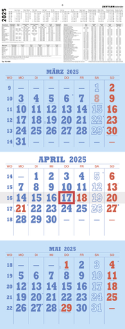 3-Monatskalender blau/rot 2025 - 29,7x78 - mit Kopftafel - gefaltet - Datumsschieber - 952-0000