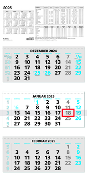 3-Monatskalender 2025 - 33,5x71 blau - mit Kopftafel - Datumsschieber - 5 sprachig - 3 Blöcke - 953-0015