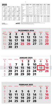 3-Monatskalender 2025 - 33,5x71 rot - mit Kopftafel - Datumsschieber - 5 sprachig - 3 Blöcke - 953-0011