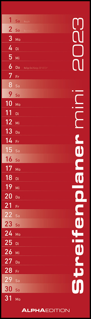 Streifenplaner Mini Rot 2023 - Streifen-Kalender 9,5x33 cm - Küchenkalender - Wandplaner - Alpha Edition