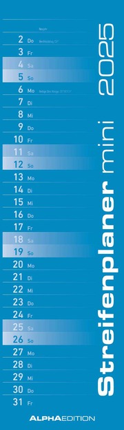 Streifenplaner Mini BLAU 2025 - Streifenkalender - Wandplaner - Küchen-Kalender - 9,5x33