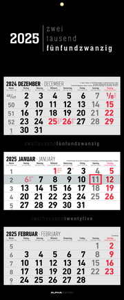3-Monatskalender Black 2025 - Büro-Kalender 33x20 cm (geschlossen), 33x80 cm (geöffnet) - faltbar - mit Datumsschieber - Alpha Edition