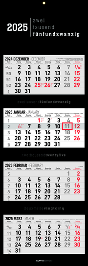 4-Monatskalender Black 2025 - Büro-Kalender 33x20 cm (geschlossen), 33x100 (geöffnet) - faltbar - mit Datumsschieber - Alpha Edition