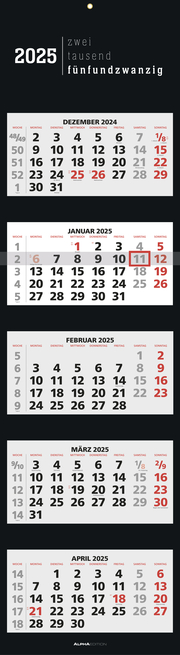 5-Monatskalender Black 2025 - Büro-Kalender 33x20 cm (geschlossen), 33x120 (geöffnet) - faltbar - mit Datumsschieber - Alpha Edition