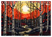Abstrakter Wald - Jahreszeiten in bunten Linolschnitten (Tischkalender 2024 DIN A5 quer), CALVENDO Monatskalender - Illustrationen 12