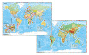 Weltkarte mit Ausschnitt Zentraleuropa, Weltkarte physisch