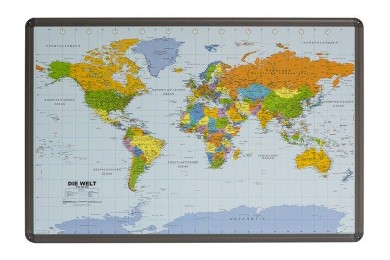 Politische Weltkarte auf Kork-Pinnwand mit Alu-Berahmung