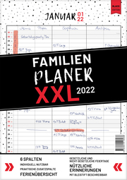 XXL Familienplaner 2022 zum Aufhängen in DIN A3. Hochwertiger und übersichtlicher Familienkalender 2022 mit 3 bis 6 Spalten, plus einer Zusatzspalte. Wandkalender inklusive gesetzlicher und nicht-gesetzlicher Feiertage, Ferien und Zusatzinfos.