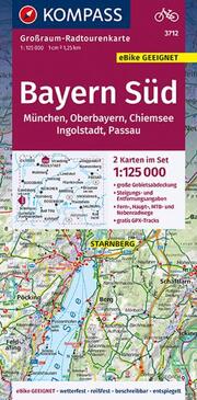 KOMPASS Großraum-Radtourenkarte 3712 Bayern Süd, Oberbayern, Chiemsee, Ingolstadt, Passau, München 1:125.000